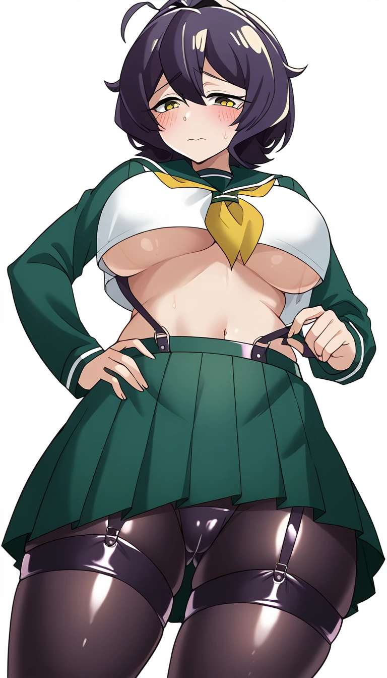 utena,Very large ,Blushed,score_9,,Thighs,latex,Underboob,oiled skin,1girl,White background, , serafuku, long sleeves, green sailor collar, green medium skirt, pleated skirt, yellow neckerchief, black pantyhoowfers,garter belt