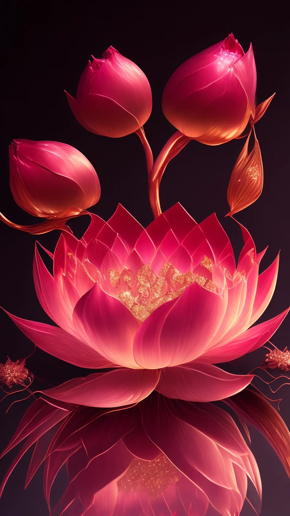 masterpiece , Highest quality , (Pink Flower:1.1) , (Intricate details:1.2) , Super detailed , Realistic , Cinematic , Dynamic Light , Soft golden light , (Glowing illumination through reflection and refraction:1.2) , Diamond Reflection Effect ,  (Burning red leaves:1.3)、red lotus flower