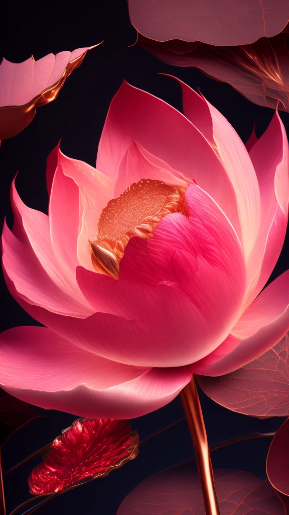 masterpiece , Highest quality , (Pink Flower:1.1) , (Intricate details:1.2) , Super detailed , Realistic , Cinematic , Dynamic Light , Soft golden light , (Glowing illumination through reflection and refraction:1.2) , Diamond Reflection Effect ,  (Burning red leaves:1.3)、red lotus flower