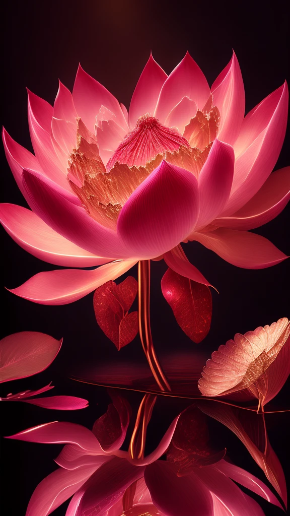 masterpiece , Highest quality , (Pink Flower:1.1) , (Intricate details:1.2) , Super detailed , Realistic , Cinematic , Dynamic Light , Soft golden light , (Glowing illumination through reflection and refraction:1.2) , Diamond Reflection Effect , (Burning red leaves:1.3)、red lotus flower
