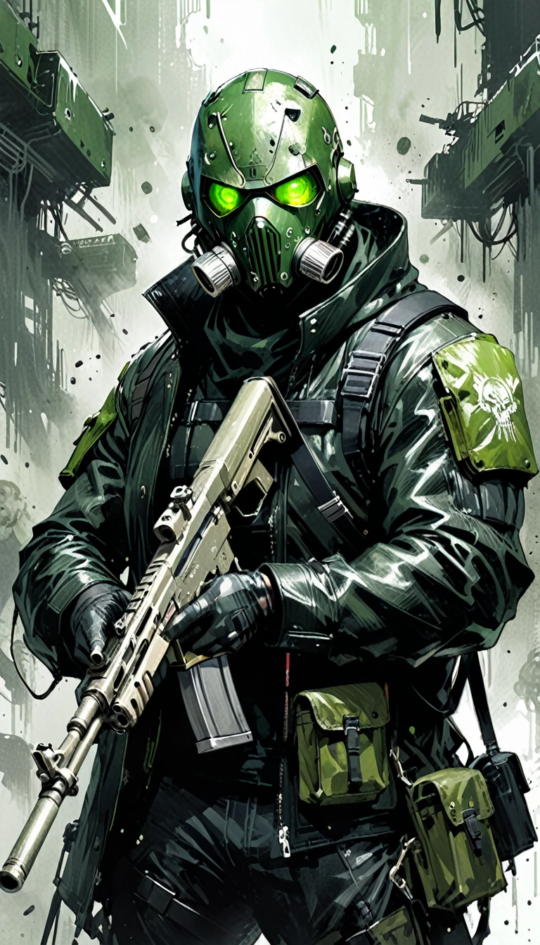 in style of Ashley Wood, 1man, Character Design and Doomsday, Details, glowing steelgreen eyes, detailsTextured Skin, Black leather coat, Tactical masks, Holding a gun, aim action,(aim:1.2)