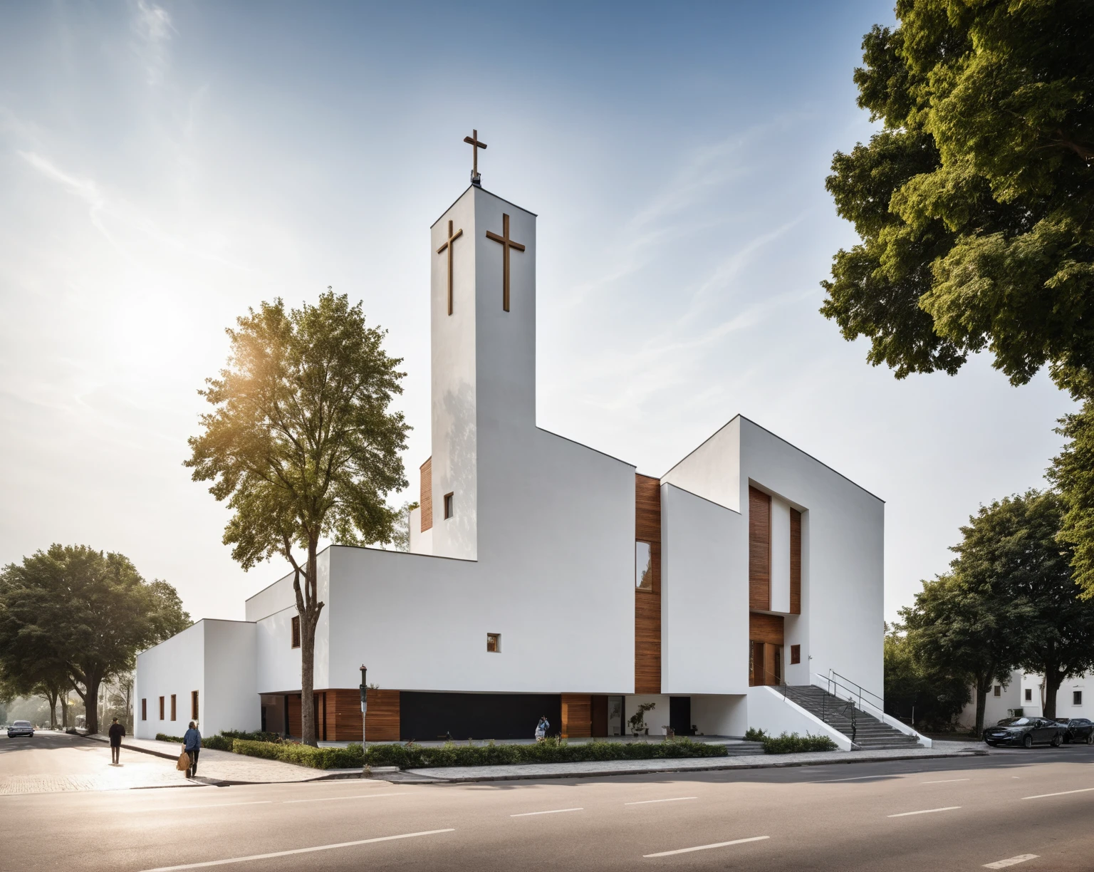 raw photo, best quality, ultra realistic, masterpiece, best quality skin, photography hd, dslr,
tcs, httlvn, modern church, road, people, house, facade design, outdoors, church, cross on top, sunshine, street view, depth of view from the tree, white wall, 
