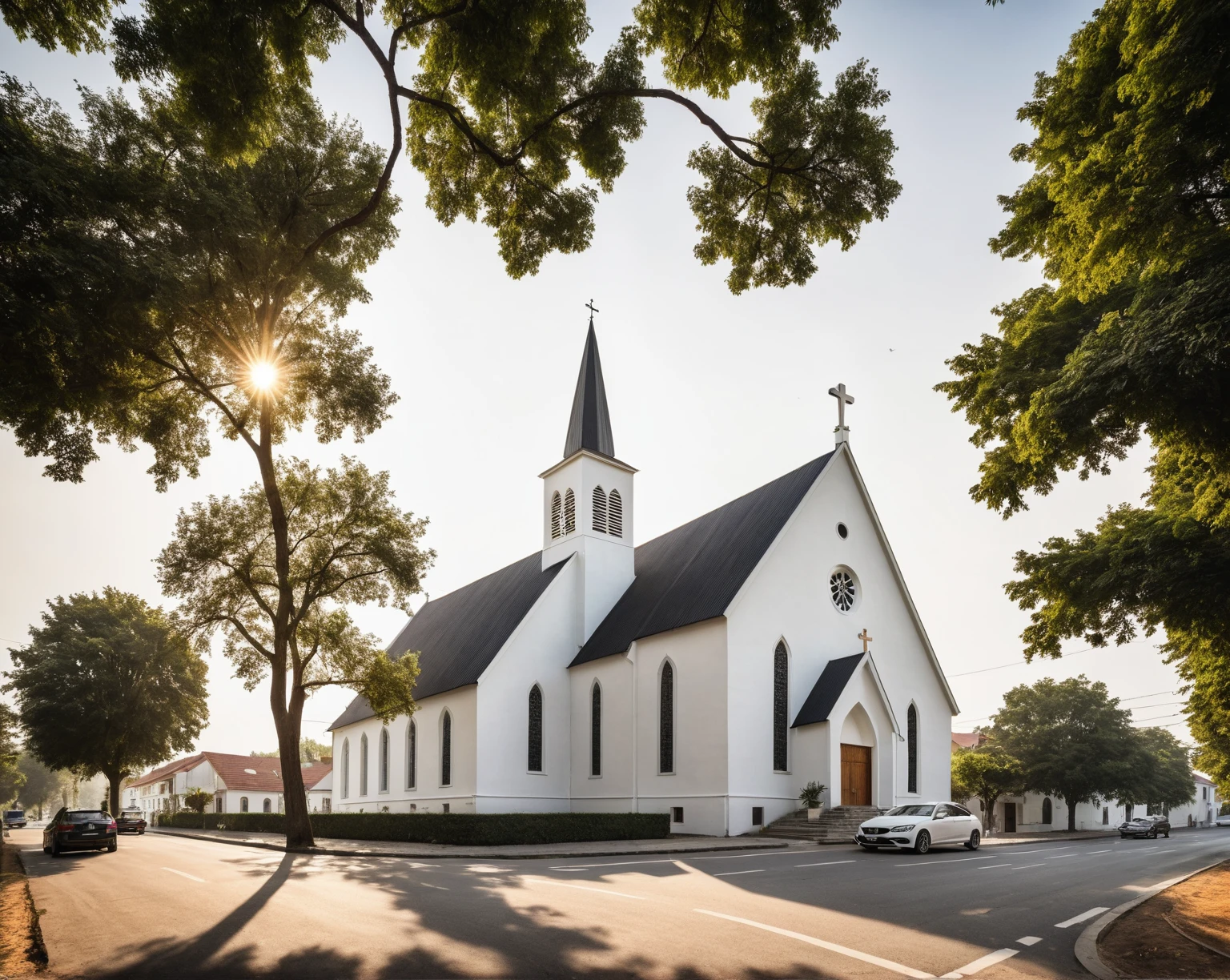 raw photo, best quality, ultra realistic, masterpiece, best quality skin, photography hd, dslr,
tcs, httlvn, modern church, road, people, house, facade design, outdoors, church, cross on top, sunshine, street view, depth of view from the tree, white wall, 
