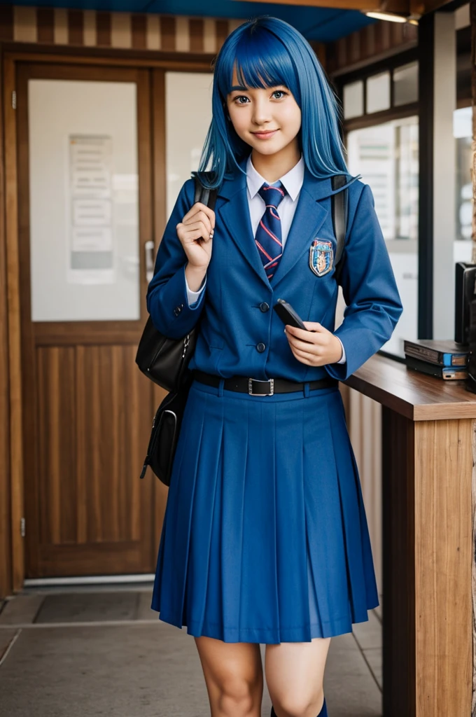 Blue haired girl student, poudlard uniform 