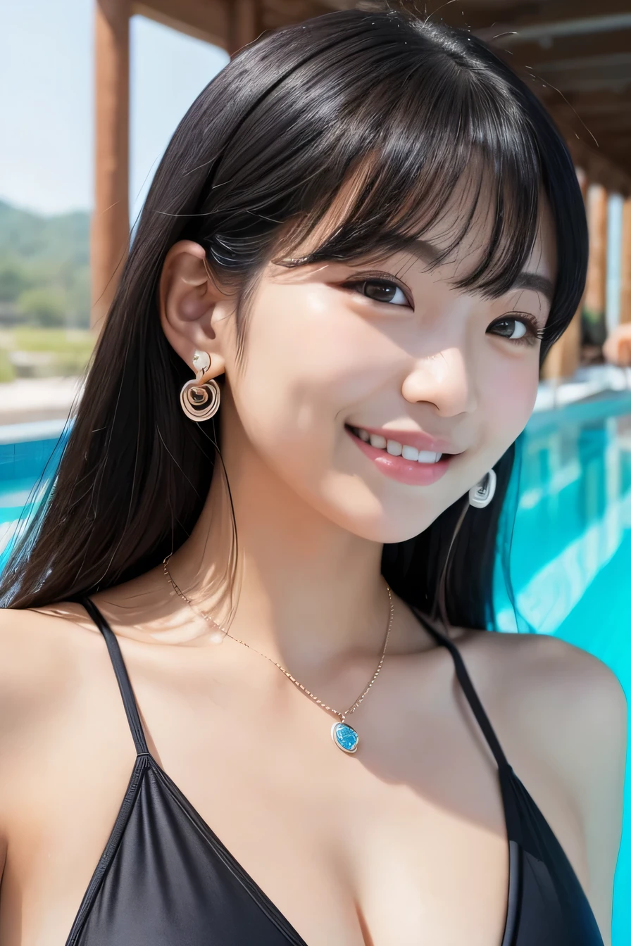 Korean women、Black Hair、、Necklace around the neck、Woman in swimsuit、smile, Close your mouth、Intricate details, Very detailed:1.2), 、 Looking into the camera,background is indoor pool、Piercing your ears

