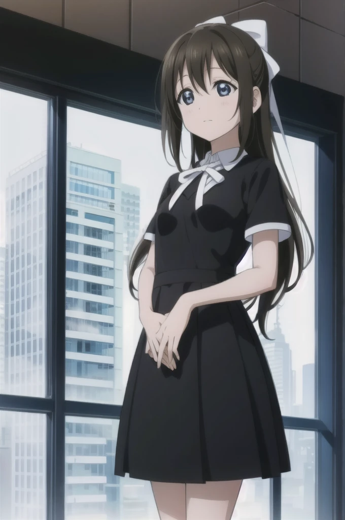 Sakurazaka Shizuku　Solitude Rain Outfit　Western cityscape　Black and white dress　White big hair ribbon