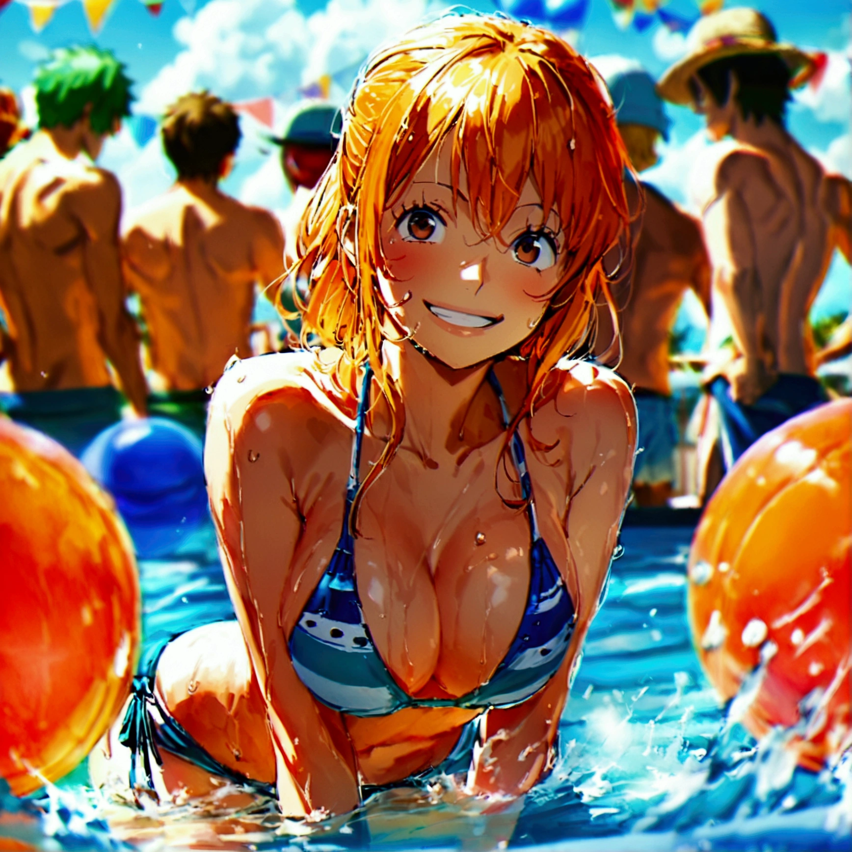 (Pool Party), swimsuit crowd boys, young people having fun at a pool, one girl among many men, Nami \(One Piece\), orange hair, long hair, brown eyes, swept bangs, bikini, grin, looking at viewer, water splashing, anime, best quality, masterpiece, high quality, highres, good anatomy, enjoy and be pleased, big beach balls, cowboy shot, glass of cocktail, Sanji \(One Piece\) and Monkey D. Luffy \(One Piece\) and Roronoa Zoro \(One Piece\) are by the pool in the distance, everyone enjoys partying, multi pose, detailed background, happy,