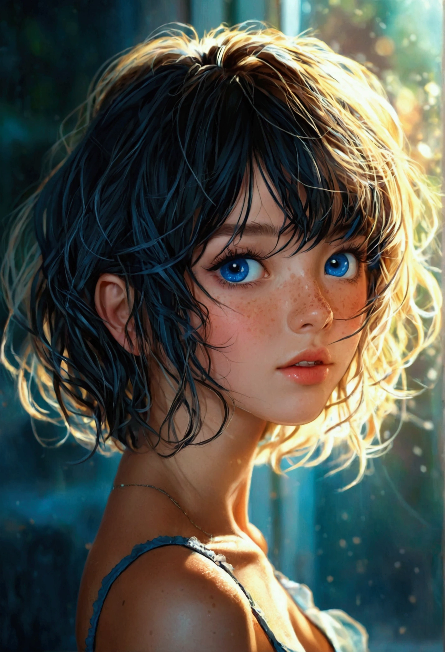 (One lady)、kawaii、A sexy、"Full body portrait of attractive 17 year old girl with hay-colored curly hair, Hairstyles in the late 80s, Small freckles, Beautiful face, Seductive dark blue eyes, Large bust size, Show its natural beauty."