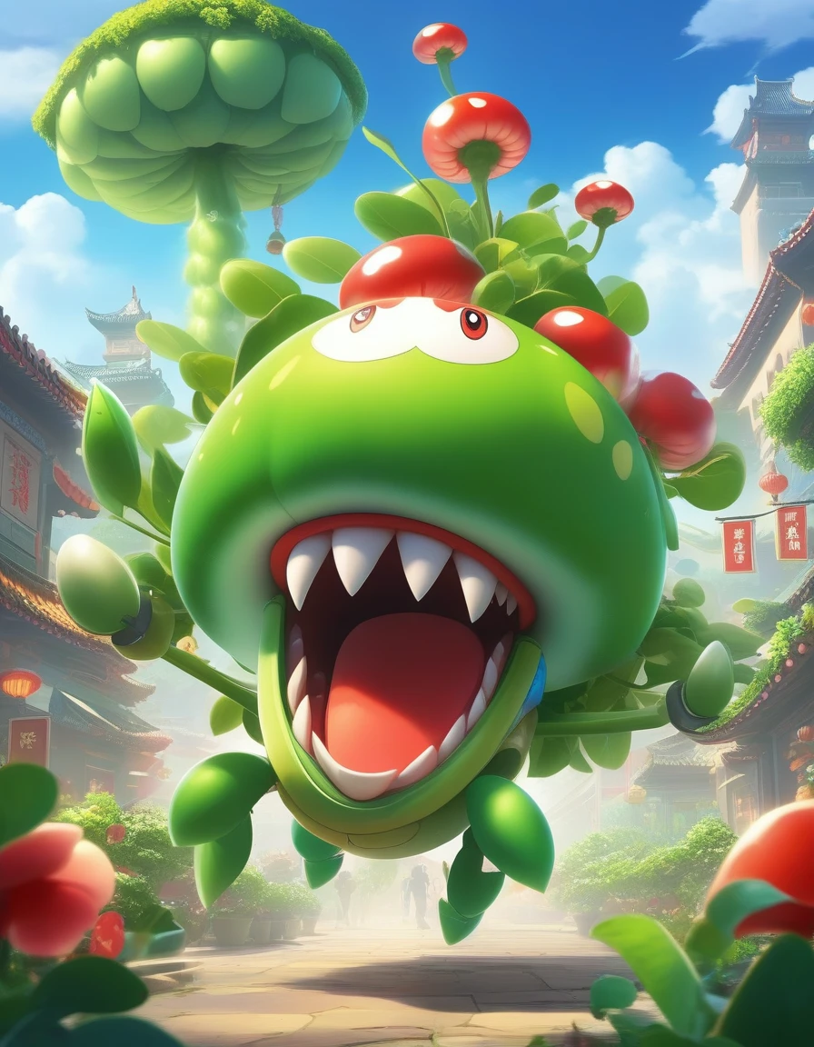 Pea shooter与食人花决绝,Magic showdown,The Piranha Plant opens its mouth,Pea shooter只有一双眼睛,Anthropomorphic plants,Plants have eyes,Background of Lilliput,Huge plants wrapped around,Poster Visual,China Town,Strong Chinese style,植物大战僵尸里的Large-mouthed flower,Pea shooter是主角,Pea shooter,Large-mouthed flower,Cartoon Character, pictorial, In battle,In a fight,In the War,Character Art Reverse Game Character,Battle World,In battle,A huge plant world as the background,Cartoon fantasy world,Pea shooter大战,Plant Warfare,Large-mouthed flower,Magic duel