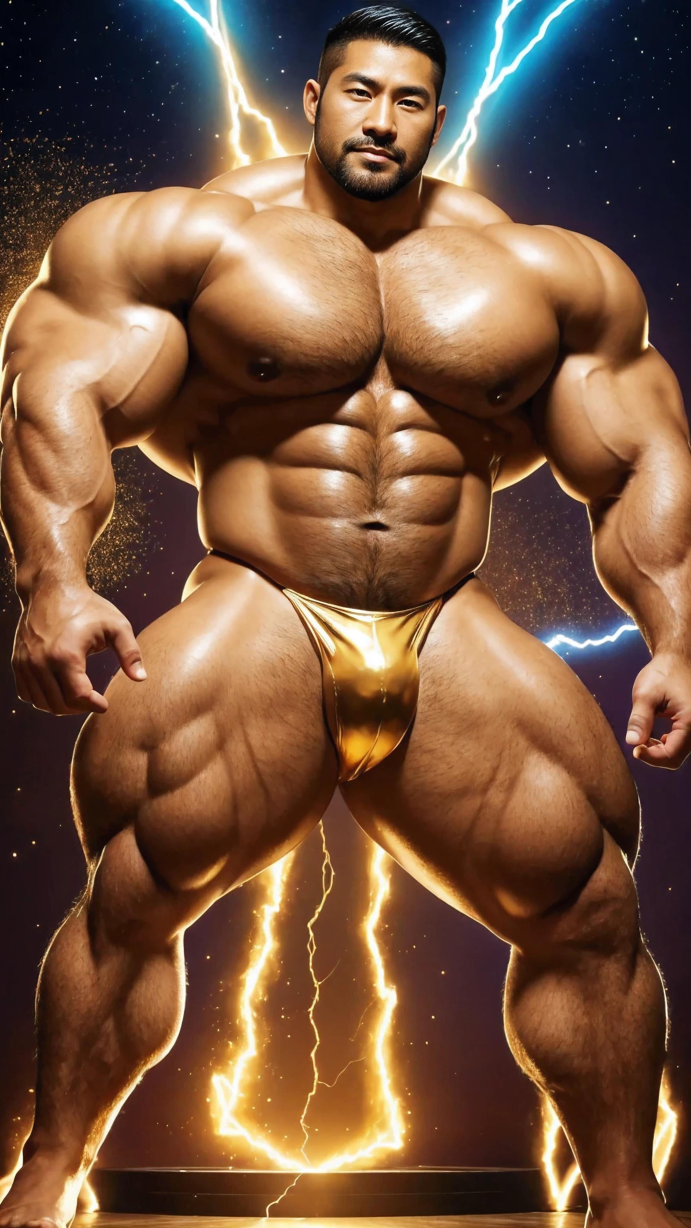 There is only one handsome Asian actor in the photo,35 years old,High target, Fitness,short hair, O-Shaped Beard,Perfect body, Dark skin color,Radiant Skin,Smooth skin,Shiny, shiny skin,Smooth pectoral muscles,No chest hair,No body hair,Muscle bulge, muscular, Very large pectoral muscles,Very sexy abdominal muscles,Very well-developed leg muscles,Huge concave and convex area,Brightens oily skin,Wearing a shiny gold leather thong,Handsome face,Normal human toes,Correct and accurate male body proportions,Superhero style,Golden Energy,Gold Theme,Energy surrounding, Light particle effects, dusk, electricity,Dynamic poses,Multiple light points surrounded by energy,Golden Energy ,Golden flame,,Gradient sky, magic。