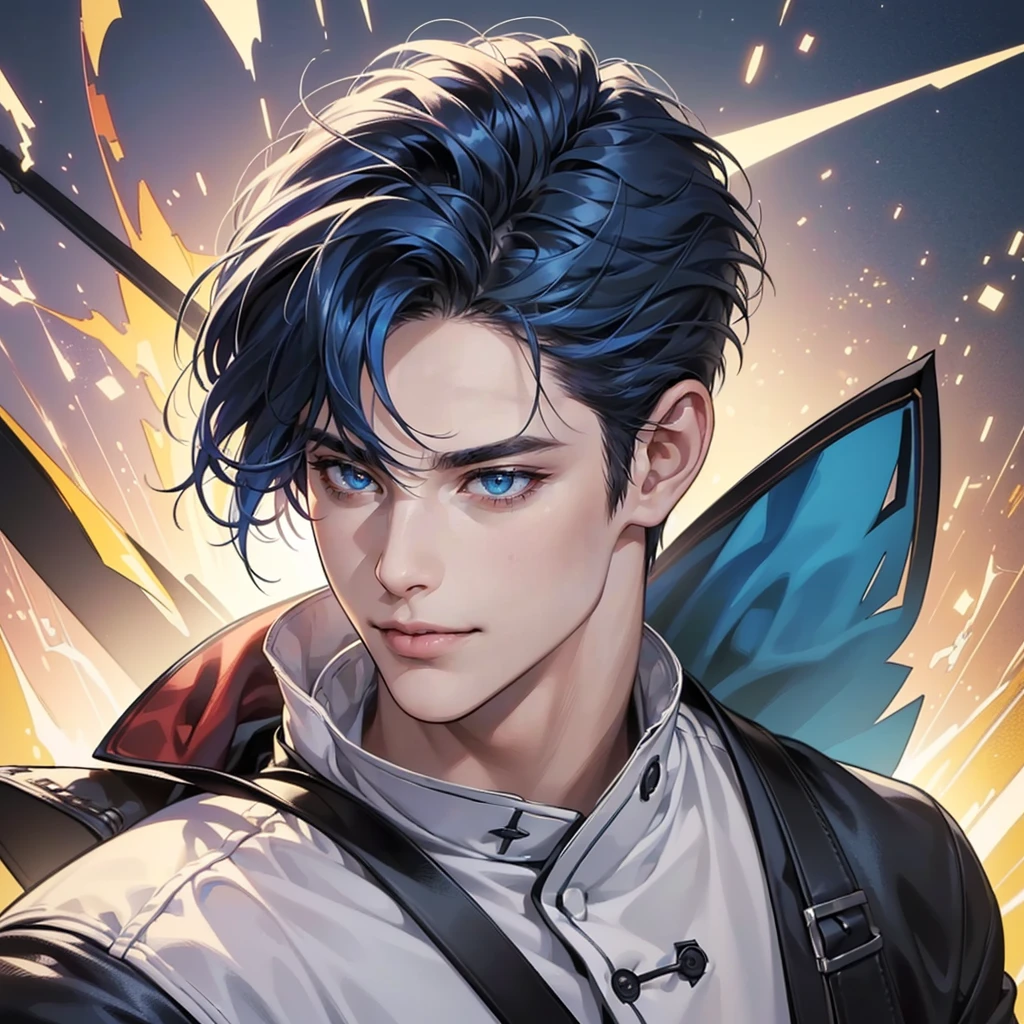 (best quality,4k,8k,highres,masterpiece:1.2),ultra-detailed,(realistic,photorealistic,photo-realistic:1.37),30 year old man,handsome anime,portraits,strong,masculine,dark blue hair,sharp jawline,mesmerizing eyes,perfectly styled hair,short hair, cool anime outfit,confident expression,vibrant colors,dynamic lighting,smile lips