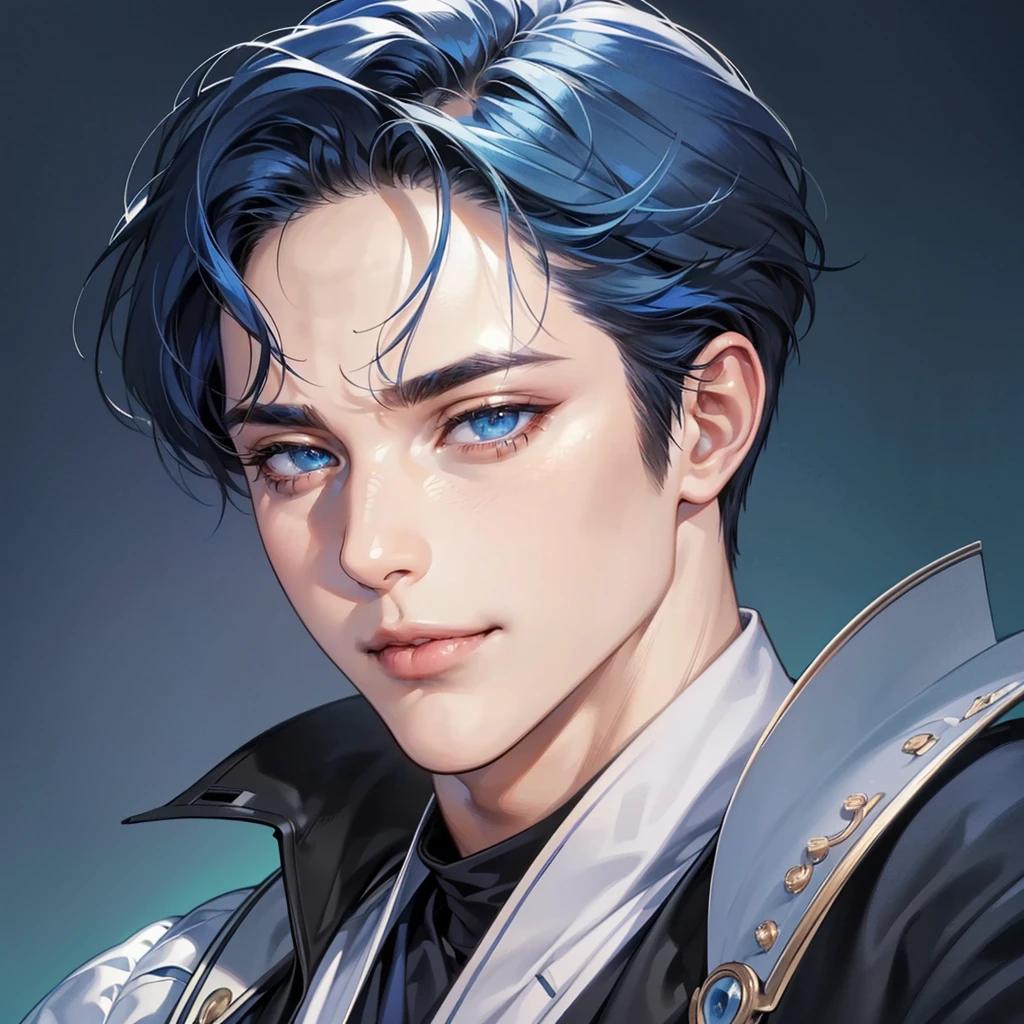 (best quality,4k,8k,highres,masterpiece:1.2),ultra-detailed,(realistic,photorealistic,photo-realistic:1.37),30 year old man,handsome anime,portraits,strong,masculine,dark blue hair,sharp jawline,mesmerizing eyes,perfectly styled hair,short hair, cool anime outfit,confident expression,vibrant colors,dynamic lighting,smile lips