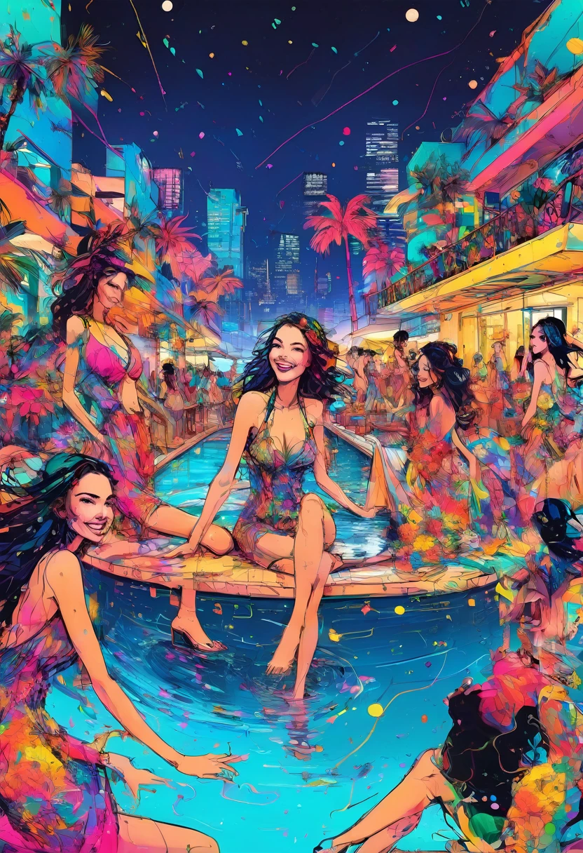 Glamorous night pool party、(Big splash:2.0)、Playboy、play girl、Party lover々、Cheerful person々、Sexy girl in a flashy swimsuit、smile、laughter、Loud music、alcohol、Vibrant atmosphere、Neon Light、summer night、Luxury Resorts、Tropical paradise、Luxury Yacht、Beautiful person々、Glitz and glamour、Champagne、Dance Moves、Energetic crowd、Poolside cocktails、Fun and excitement、Wild and carefree、Sensual and seductive、Hot and sultry、Pulsating Beat、Colorful lights、Reflection in the water、Dewy, radiant skin、Beautiful body、Provocative pose、Intoxicating Energy、Decadent indulgence、Hedonistic revelry