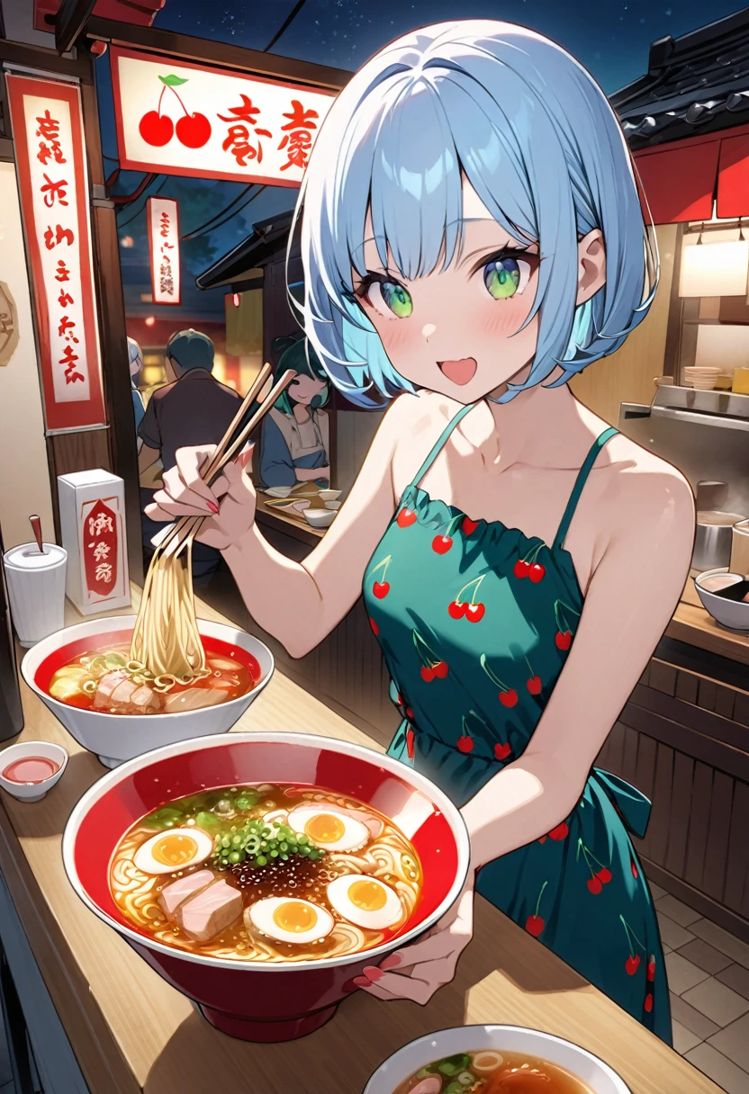 Light blue hair、Short Bob、Deep green eyes、Small breasts、Cherry print dress、Ramen stall、night、counter、Eat soy sauce ramen