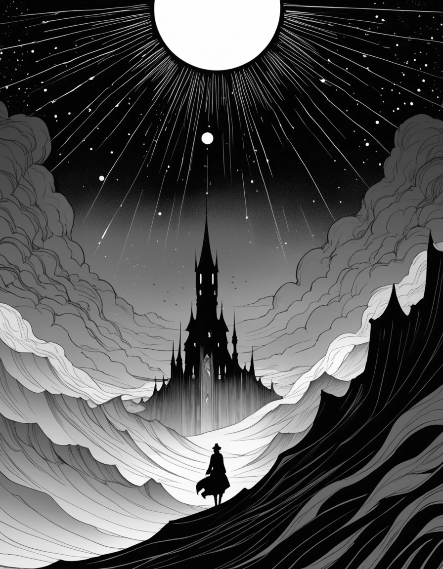Aubrey Beardsley style,Mystery Book Cover Art, There is a lot of suspense, Dark, atmosphere, Dark "Imagine a vast desolate space,The spectral landscape unfolds from the surrounding haze, It's as if the fabric of reality has lost its color and vibrancy. Crystalline Monolith,(Smooth, Full of mysterious patterns, With magical light:1.8)Rising from the barren land like a forgotten fragment of knowledge, Casting an eerie glow across the featureless landscape, Artworks should evoke an unsettling sense of alienation, The line between nothingness and existential despair becomes blurred, Put the audience into a state of numbness and indifference.", Bright colors