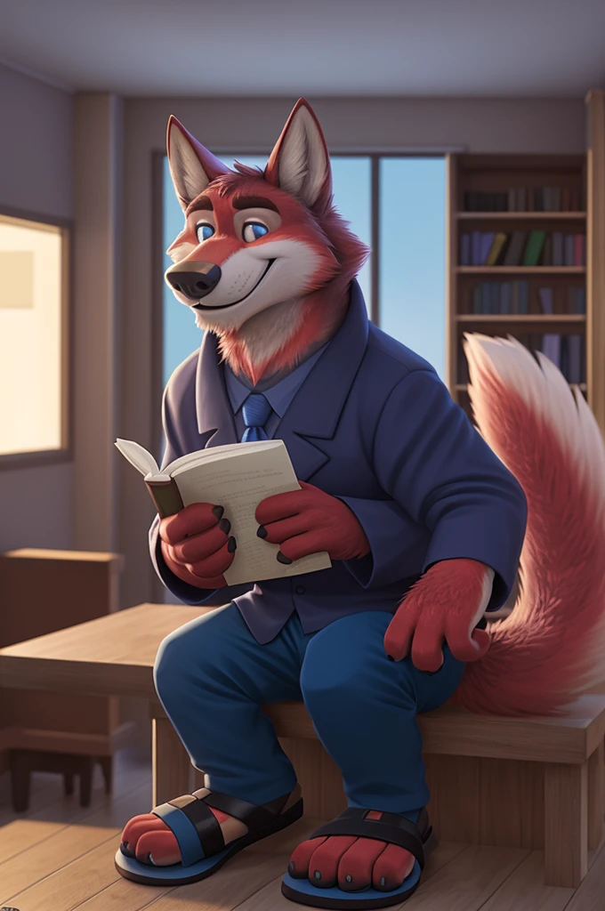 Ivan Fedorovich Wolfbach (Novosibirsk) ,tall handsome, wolf,young, 24 years, brown fur,Kind,(red body:1.3),beautiful blue eyes,Novosibirsk,dressed, shirt, purple tie, trousers,sandals,wolf, detailed fur, male,paw pads, finger claws,At the viewer, 5 fingers, paws, 5 fingers, smile, wrist watch, т nextel,by xenoforge, (difficult, high detail, digital photography, soft focus, RAW variety вкдущий передачи,Very close to the camera, variety,Novosibirsk, smile, good mood, positive, Very close to the camera, is sitting, poet of books, is sitting за компьютером столом, apartment, holding a pen, 
Photorealism, realistic, digital style, Subsurface scattering,I look at the viewer,smdit writes a book, a glass of water, handle, paper, 
masterpiece, Best quality, ultra realistic, 8 thousand.)