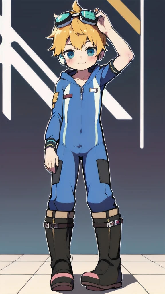 2D Boy Shota，One-piece mountaineering suit，Slim, healthy body，Put the headphones on your head，stand up，goggles，happy，Sailor collar，tie，Zipper pulled down，boots，hood，strap