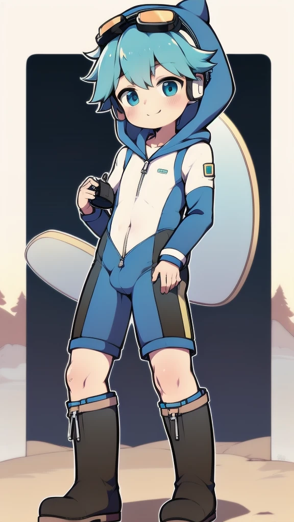 2D Boy Shota，One-piece mountaineering suit，Slim, healthy body，Put the headphones on your head，stand up，goggles，happy，Sailor collar，tie，Zipper pulled down，boots，hood，strap