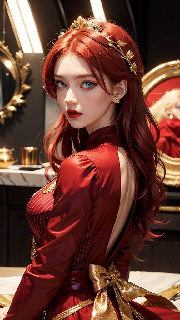 Girl, red dress, gold stripe in the middle of the dress, a shiny gold flower, red hair, blue eyes, and a red lip.