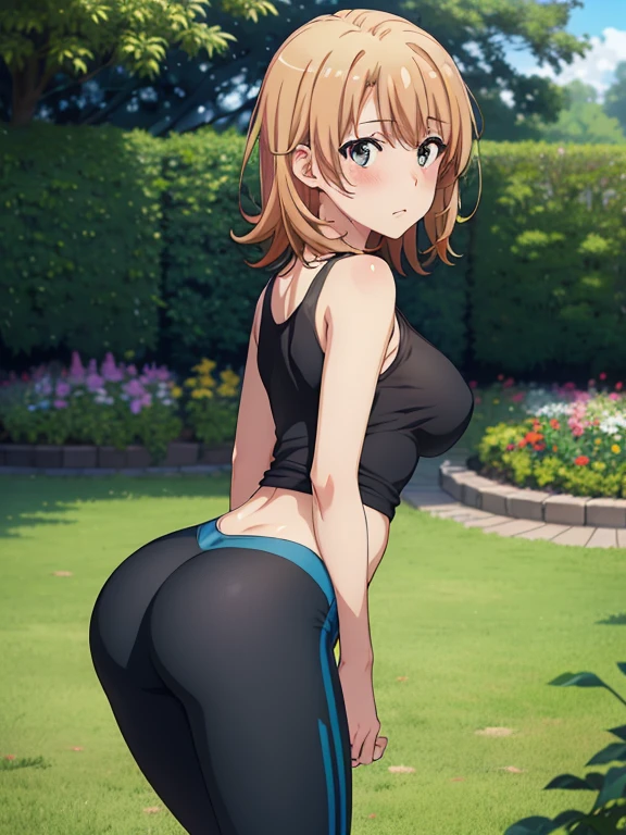 ((masutepiece, Best Quality, hight resolution, nffsw, Perfect Pixel, depth of fields, 4K, )), 1girl in, Solo, , Beautiful anime girl, Beautiful Art Style, 
standing:1.3, garden, Looking at viewer. 
Perfect body, shy face, tilted forward:1.5, 

isshiki iroha, large breasts, Full face blush, show ass, blue yoga pants:1.3, white tank:1.3,
straight on:1.3, medium shot