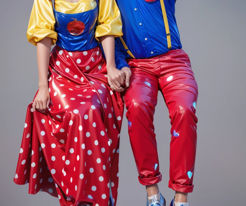 The image shows a man and a woman dressed in classic polka dot costumes, complete with apple-shaped buttons on their shirts, standing close to each other and pointing in the same direction.3d style, simplified design, 3d render, glossy texture, smooth 3d model, multiple light sources, rim light, sharp post effects render, (glossy plastic texture with multiple big light probe refractions), perfect cgi, smooth silhouette, high intensity refraction, (super glossy material), most beautiful vfx , blue background, plastic refractions, realistic, 4k, high resolution, rim light, photo shoot, commercial photo, profile shot, 4k, rim light, high resolution, 4k, glossy texture, smooth 3d model, multiple light sources, rim light, sharp post effects render, (glossy metallic texture with multiple big light probe refractions), perfect cgi, cgi art created only with gradients, smooth silhouette, high intensity refraction, (super glossy chrome material), most beautiful vfx, blue background, chrome metal refractions, multiple light sources, rim light, sharp post effects render, perfect cgi, digital art, detailed digital art, reflective, best quality, 4k, masterpiece:1.2, ultra-detailed, realistic, vivid colors, dark and moody lighting, The image of the highest quality, ensuring every detail is showcased perfectly. It in 4k resolution, allowing viewers to immerse themselves in the richness of the colors and intricate details. The realistic rendering. under the spotlight, reflecting, high-resolution image, realistic rendering, dark background, and rim light photorealistic The image features three characters standing in front of three houses. The characters are a red-haired mermaid, a purple cat, and an orange dog. They are each holding a yellow maraca
