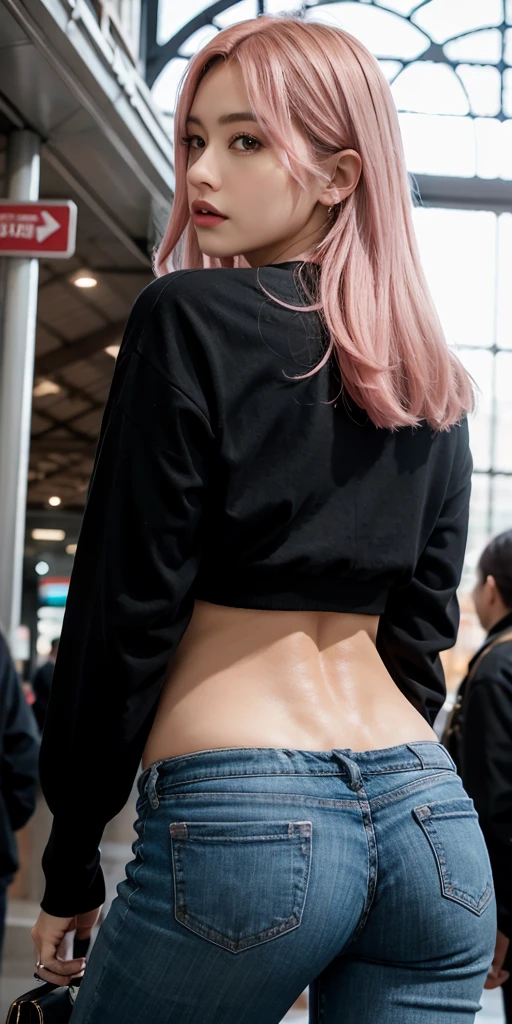 (masterpiece), (best quality), (Highres), Detailed, (Inricate Details 1.2), (Hyper Detailed 1.4), (Ornate Digital Art 1.2), absurdres, 1girl, small breasts, ass, hair ornaments, solo, pink hair, (black shirt:1.3), jeans, (train station:1.2) running, thighs, shortstack, 