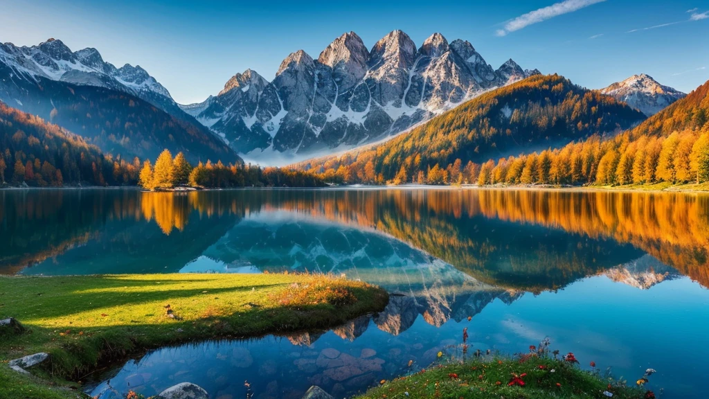 Beautiful autumn scene of Hintersee lake. Colorful morning view of Bavarian Alps on the Austrian border, Germany, Europe. Beauty of nature concept background