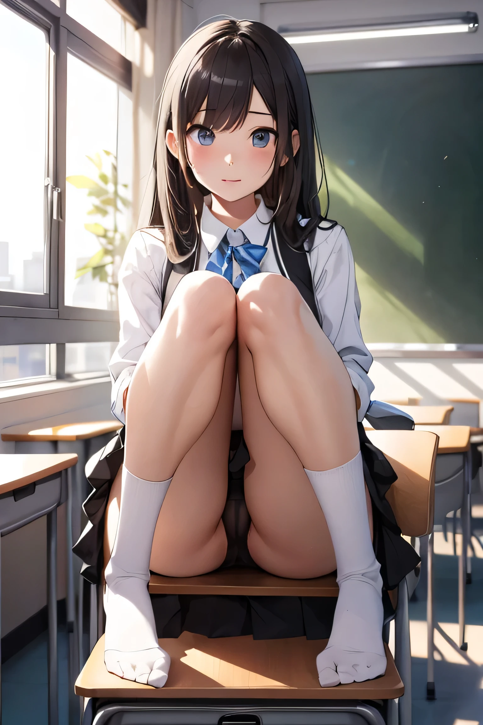 She is sitting on the classroom desk with her legs apart in an ultra-cute skirt and her black are visible.