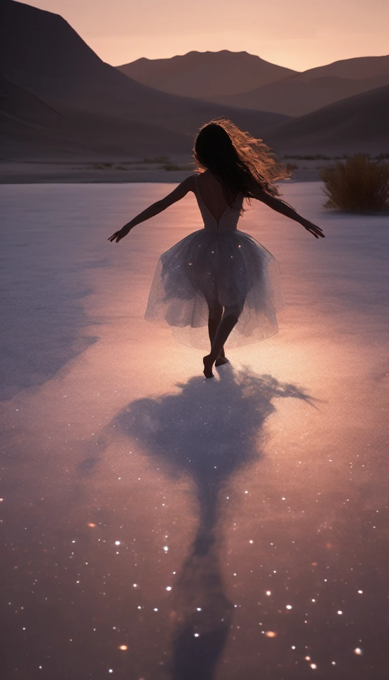 Tabletop, original, From behind, whole body, バレリーナsilhouette, Ballet poses, Reach for the stars, Starlight reflected at her feet, Salt Flats Environment, Princess, Sundress, Porcelain-like skin, Long, hanging hair, Shimmering iridescent hair, Race trajectory, thank you, Natural Moonlight, Ultra Wide Cinematic Shots, Elevation, Unreal Engine, milky way, mirrornun, silhouette, Light Particles, mirrornun