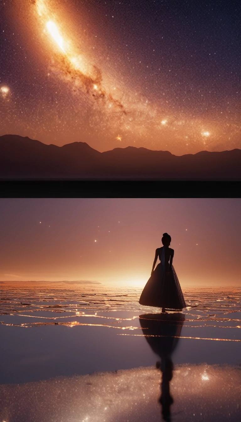 Tabletop, original, From behind, whole body, バレリーナsilhouette, Ballet poses, Reach for the stars, Starlight reflected at her feet, Salt Flats Environment, Princess, Sundress, Porcelain-like skin, Long, hanging hair, Shimmering iridescent hair, Race trajectory, thank you, Natural Moonlight, Ultra Wide Cinematic Shots, Elevation, Unreal Engine, milky way, mirrornun, silhouette, Light Particles, mirrornun