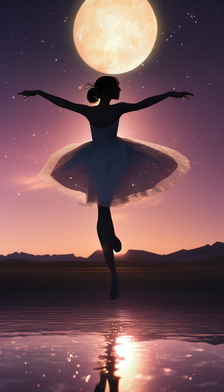 Tabletop, original, From behind, whole body, バレリーナsilhouette, Ballet poses, Reach for the stars, Starlight reflected at her feet, Salt Flats Environment, Princess, Sundress, Porcelain-like skin, Long, hanging hair, Shimmering iridescent hair, Race trajectory, thank you, Natural Moonlight, Ultra Wide Cinematic Shots, Elevation, Unreal Engine, milky way, mirrornun, silhouette, Light Particles, mirrornun