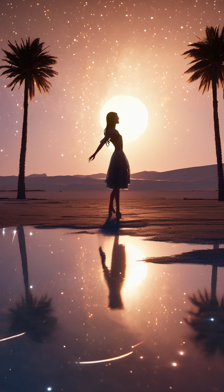 Tabletop, original, From behind, whole body, バレリーナsilhouette, Ballet poses, Reach for the stars, Starlight reflected at her feet, Salt Flats Environment, Princess, Sundress, Porcelain-like skin, Long, hanging hair, Shimmering iridescent hair, Race trajectory, thank you, Natural Moonlight, Ultra Wide Cinematic Shots, Elevation, Unreal Engine, milky way, mirrornun, silhouette, Light Particles, mirrornun