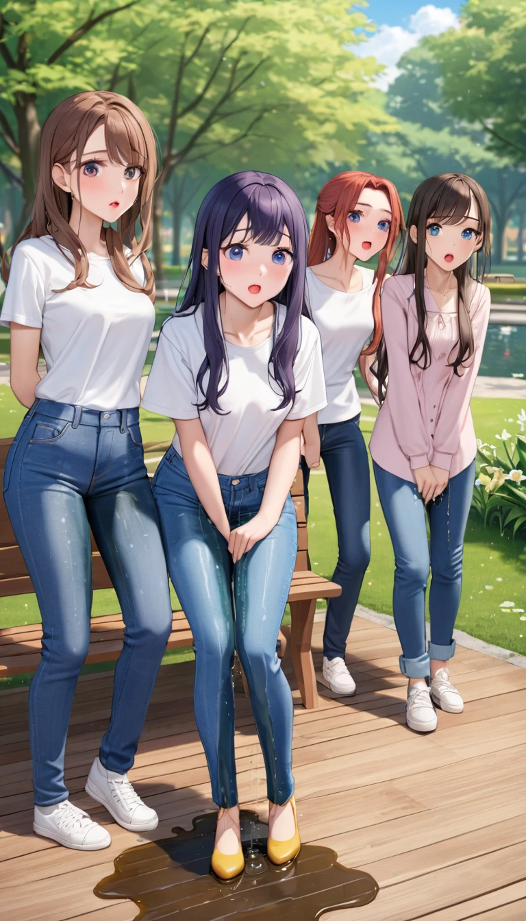 ((best quality, masterpiece:1.3, 8K)), (detailed), highly detailed face and skin texture, detailed eyes, park, pond, bench, full body, (slender body:1.1), (a group of girls:1.5), 25 years old, white skin, bright lips, scared, worried, embarrassed, long hair, (forehead:1.0), (jeans pants:1.2, skinny jeans:1.2, flares jeans:1.2, blue jeans:1.2), (wetting themself:1.5),