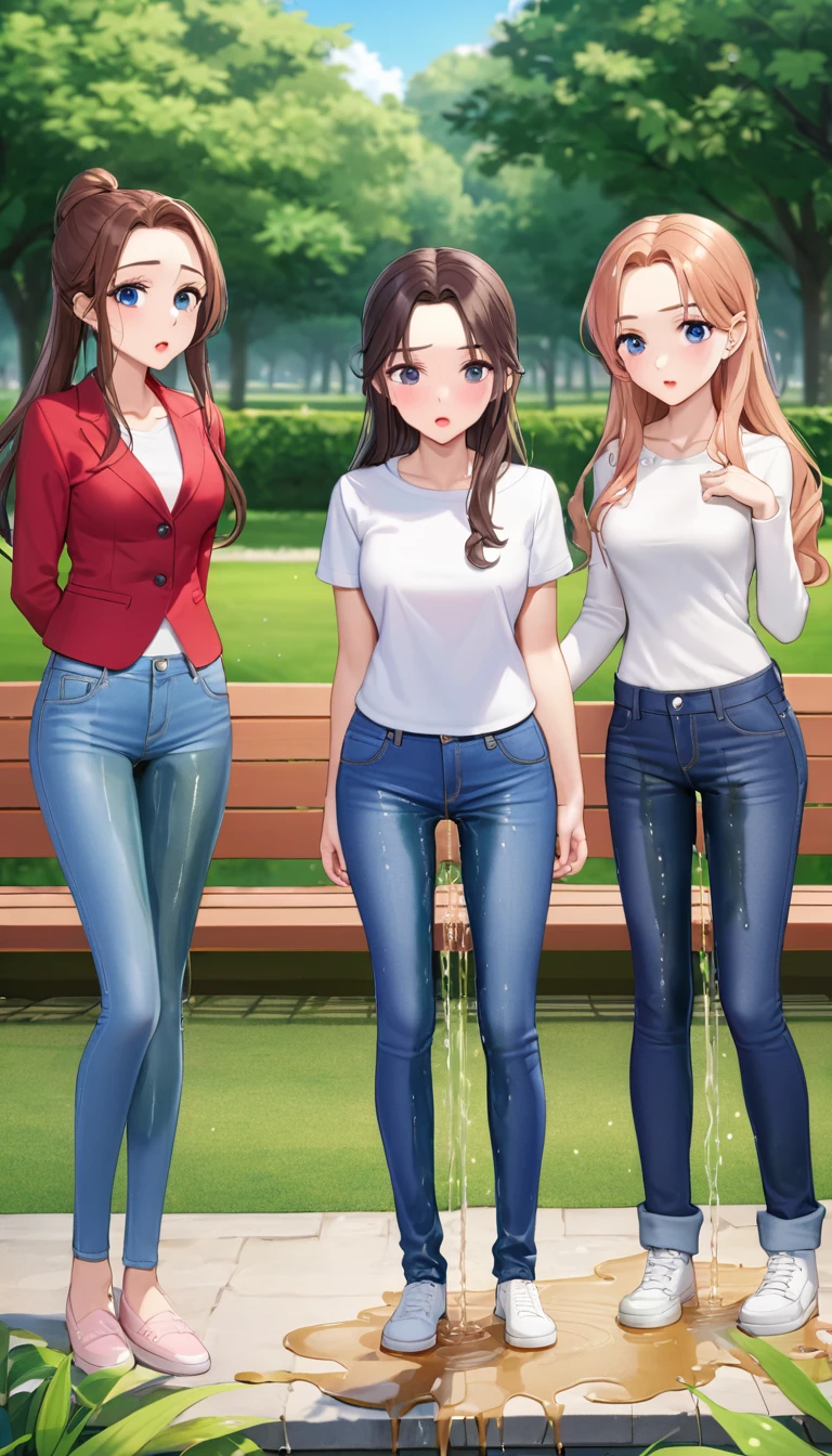 ((best quality, masterpiece:1.3, 8K)), (detailed), highly detailed face and skin texture, detailed eyes, park, pond, bench, full body, (slender body:1.1), (a group of 3 girls:1.5), 25 years old, white skin, bright lips, worried, embarrassed, long hair, (forehead:1.0), (jeans pants:1.2, flares jeans:1.2, skinny jeans:1.2, blue jeans:1.2), (wetting themself:2.5),