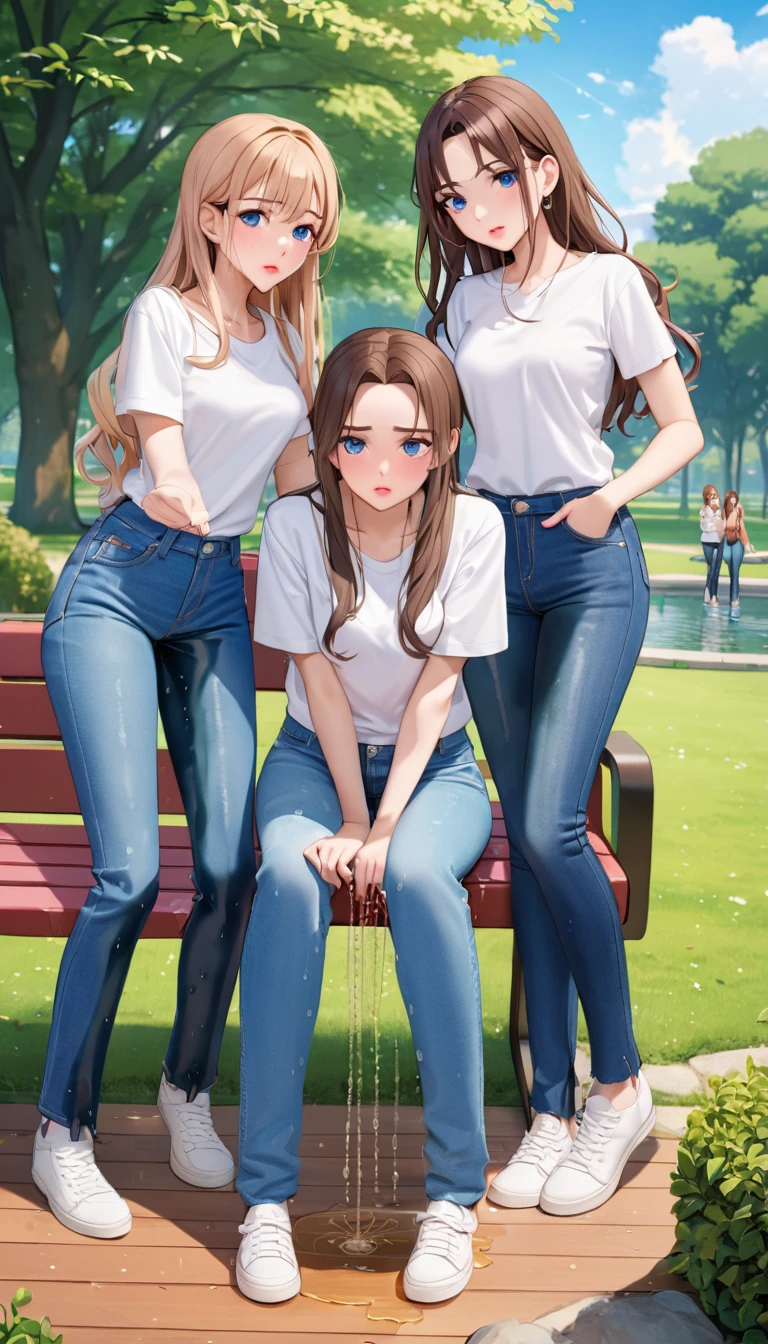 ((best quality, masterpiece:1.3, 8K)), (detailed), highly detailed face and skin texture, detailed eyes, park, pond, bench, full body, (slender body:1.1), (a group of 3 girls:1.5), 25 years old, white skin, bright lips, worried, embarrassed, long hair, (forehead:1.0), (jeans pants:1.2, flares jeans:1.2, skinny jeans:1.2, blue jeans:1.2), (wetting themself:2.5),