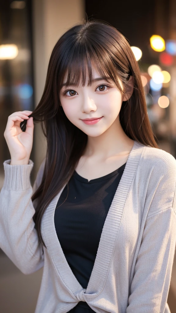 Tabletop, Highest quality, shape, Very detailed, finely, High resolution, 8k wallpaper, 完璧なダイナミックな構shape, Beautiful and detailed,cardigan,T-Shirts、ランダムなcute髪,Small breasts,Natural color lip, smile、20-year-old girl、cute、sexy shot looking at camera,Always Blur the background,Perfect and beautiful face,Take a picture of only the face,美しくDetailed face、Slim face and figure,Big eyes、Putting on gal makeup,Actual Photos、(Get closer to the face, Make your face bigger, Face Focus:1.0), break, (masterpiece, Highest quality, Very detailed, Detailed face, )、Actual Photos、Blur the background、smile、Bokeh、evening、Urban city、Selfie