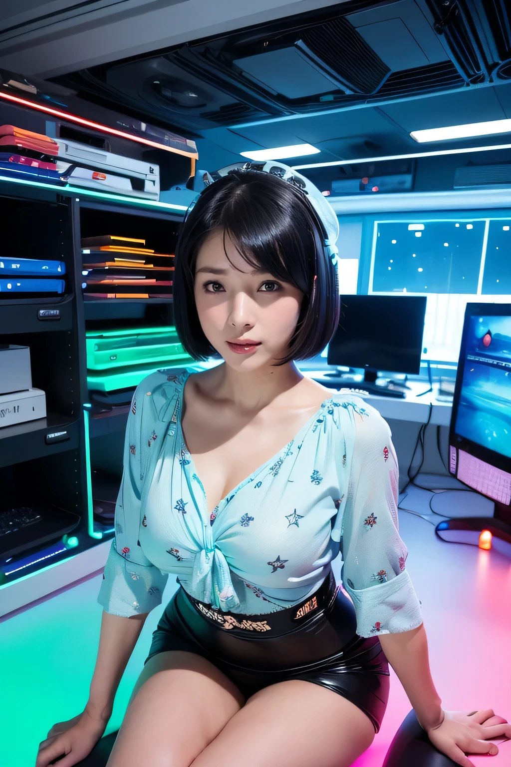 Highest quality, masterpiece, Realistic, High resolution, 8K RAW Photos, 1 Girl, Bobcut、Star-decorated headband、((Glamour body:1.3))、(Space printed blouse)、(Cheeky Pose)、(A room full of computers)、(Full of cables）、Typing on the keyboard、Cyberspace room、Cyan LED,Gamer