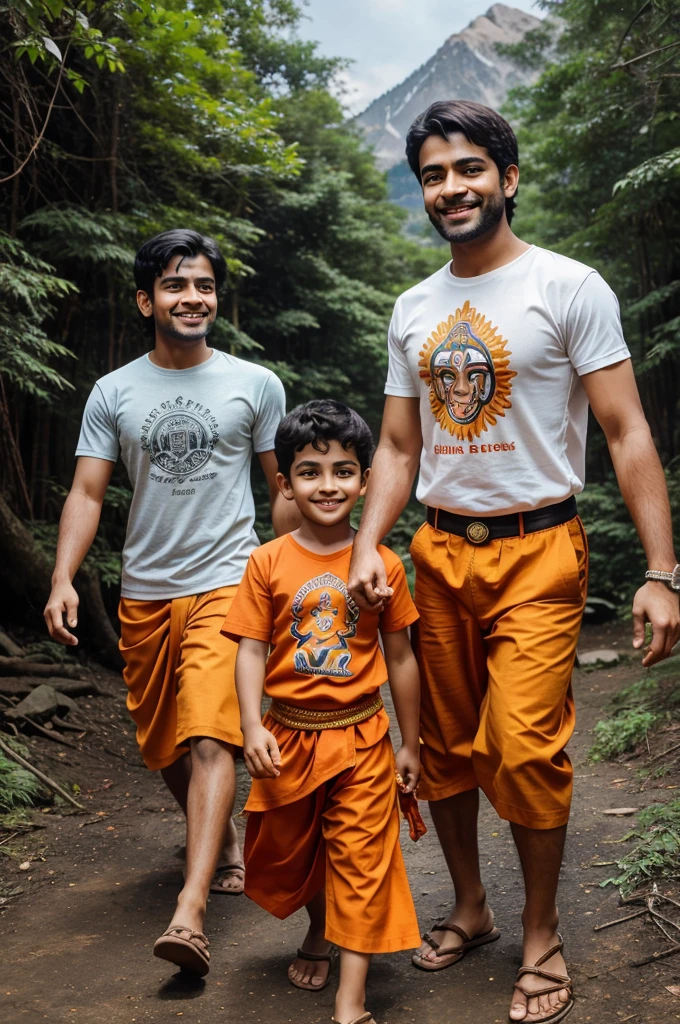 18 years old boy walking and hanuman coming after him and hanuman's hand putting on Boy head on mountains. Both are smiling. boy is wearing saffron t-shirt and name "Robin" write on it with bold. he looks very realistic, cute, tilak Deccan on your head, and happy. very realistic pictures, high quality picture, realistic mountain, forest moment.sun lights reflection , the words"Happy Hanuman Janmotsav" write top Sky. make sure text must be correct & Visible. 