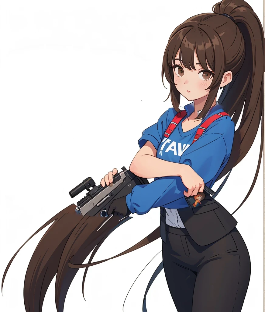 add a pistol being pointed at the viewer by the character, retain current clothing, only change arms and add pistol