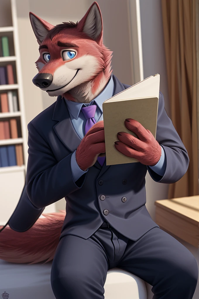 Ivan Fedorovich Wolfbach (Novosibirsk) ,tall handsome, wolf,young, 24 years, brown fur,Kind,(red body:1.3),beautiful blue eyes,Novosibirsk,dressed, shirt, purple tie, trousers,pink sandals,wolf, detailed fur, male,paw pads, finger claws,At the viewer, 5 fingers, paws, 5 fingers, smile, wrist watch, т nextel,by xenoforge, (difficult, high detail, digital photography, soft focus, RAW variety вкдущий передачи,Very close to the camera, variety,Novosibirsk, smile, good mood, positive, Very close to the camera, is sitting, poet of books, is sitting за компьютером столом, apartment, holding a pen,
Photorealism, realistic, digital style, Subsurface scattering,I look at the viewer,smdit writes a book, a glass of water, handle, paper,
masterpiece, Best quality, ultra realistic, 8 thousand.)