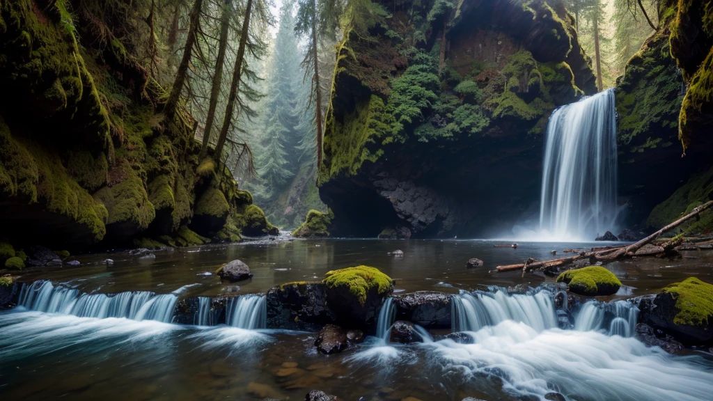Punch Bowl Falls along the Eagle Creek Trail in Oregon with focus on the rocks in the foreground