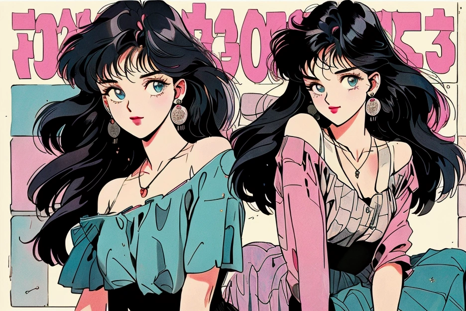 A retro girl(Lovely:1.3 points),(Eighties:1.4 points),(Retro Hong Kong style:1.3 points),whole body,High heel,Showa manga,1990s animation style,Antique Jewelry,Black long hair,earrings,necklace,blue eyes,Cleavage,Retro long skirt,Bare arms,Hongkong,High heel,clavicle,Pink lips,Off-shoulder tops,黑色necklace,Bangs,Street scene in the 1980s,(Gray tone:1.2)
