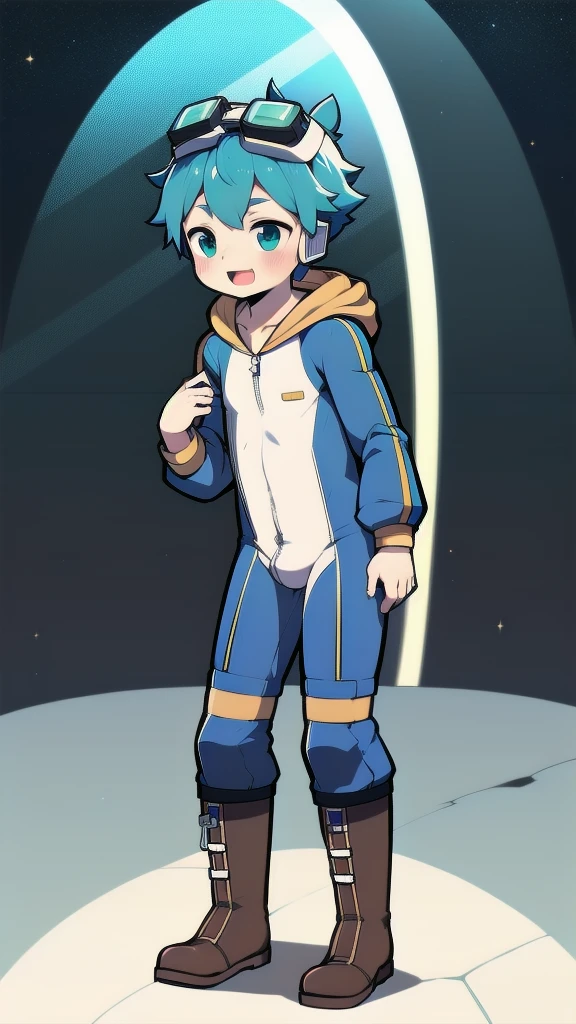 2D Boy Shota，One-piece mountaineering suit，Slim, healthy body，Put the headphones on your head，stand up，goggles，happy，Sailor collar，tie，Zipper pulled down，boots，hood，strap，Hip thrust