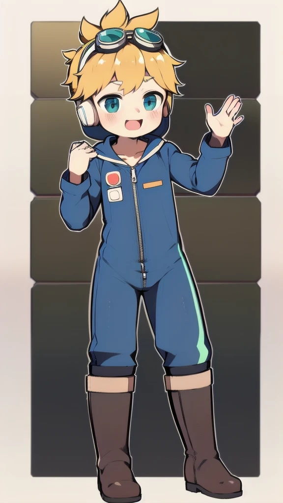 2D Boy Shota,One-piece mountaineering suit,Slim, healthy body,Put the headphones on your head,stand up,goggles,happy,Sailor collar,tie,Zipper pulled down,boots,hood,strap,Hip thrust