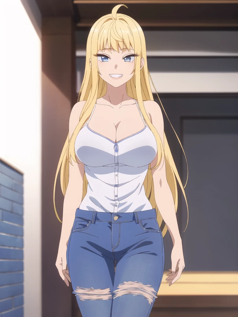 topless,show off nipples,((best quality)),((highly detailed)),masterpiece,absurdres,detailed face,beautiful face,(detailed eyes, deep eyes),(1girl),((dynamic pose)),  minami,  blonde hair long hair, solo, cleavage, looking at viewer, ahoge, huge breasts, smile, bare shoulders, collarbone, jacket, grin, bangs, jewelry ,blue eyes, eyelashes, very long hair,walking, (eyes looking away from the viewer:1.3, looking away from viewer:1.3), ripped jeans, cowboy shot