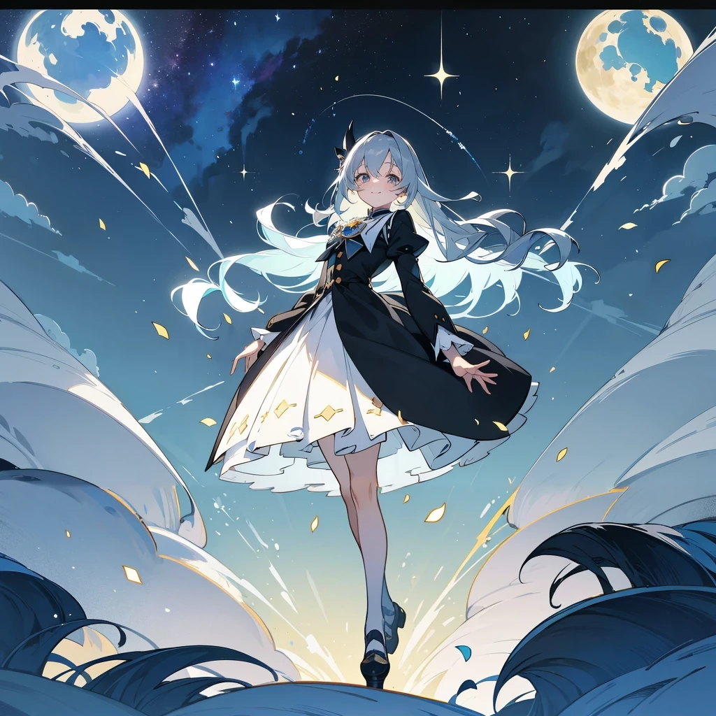 kawaii, anime, Cute, hyper quality, highly detailed, 16k, Front facing, Clarity, full body, smile, one girl, university student, long silver hair, lapis lazuli eyes, bell accessories, butler uniform, black butler uniform, walk through medieval streets, fantasy world, starry skies, light drifts, ornaments, noble, The hill where the bell rings, hill overlooking the town, petals dance, bell, light drifts, bell, lush greenery, Inciting point of view, Only one character appears, moonlight, posture with movement,