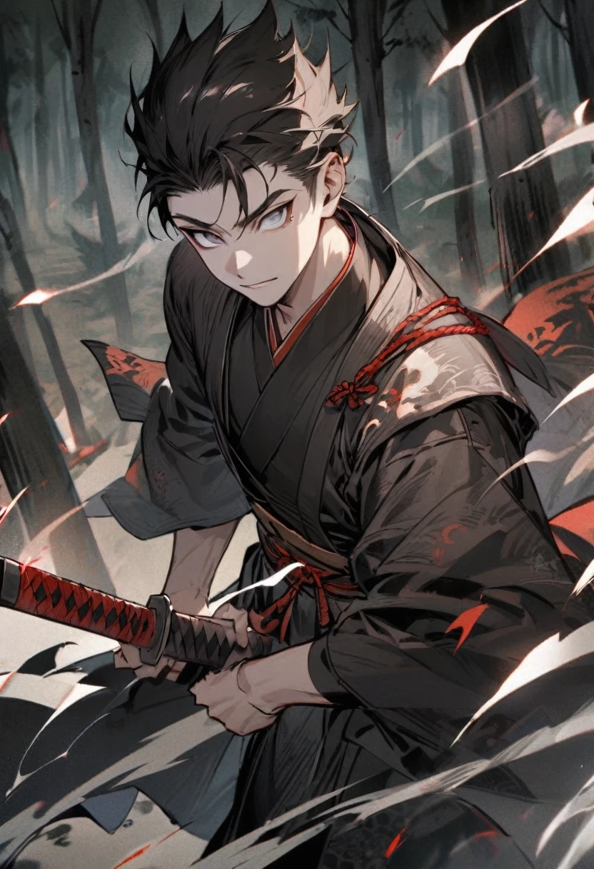 young man with calm face ,Male Dark, dark Woods,Red & Black colors, pale eye, samurai dnd, ronin background, hold katana in right hand