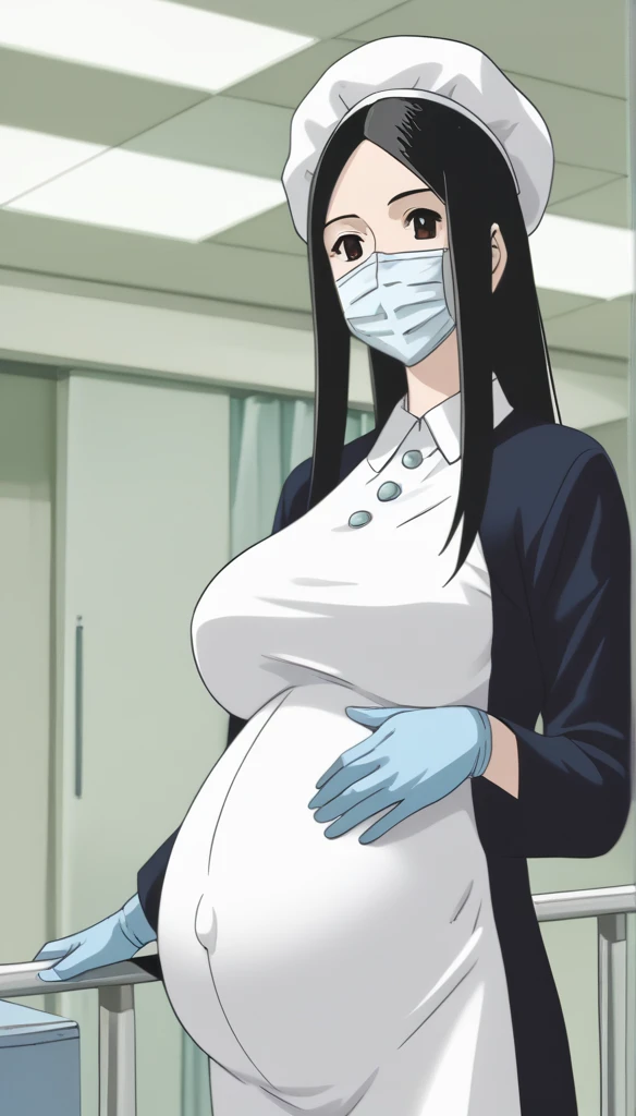 score_9,  score_8_up, score_7_up, source_anime, raw image, masterpiece, highest quality, kasuganoray, pale skin, her eyes are happy, long black hair, big breasts, scrubs, surgical mask, bouffant cap, long sleeve maternity dress, seamless, navel head, the dress isn't wrinkled, long white stockings,
1girl, pregnant, solo, long rubber gloves, looking down, furrowed brow, hospital bed, light shines from the ceiling, standing, patient room background, 