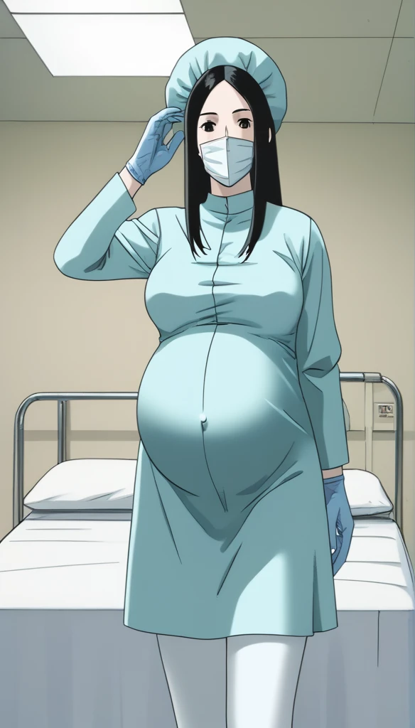 score_9,  score_8_up, score_7_up, source_anime, raw image, masterpiece, highest quality, kasuganoray, pale skin, her eyes are happy, long black hair, big breasts, scrubs, surgical mask, bouffant cap, long sleeve maternity dress, seamless, navel head, the dress isn't wrinkled, long white stockings,
1girl, pregnant, solo, long rubber gloves, looking down, furrowed brow, hospital bed, light shines from the ceiling, standing, patient room background, 