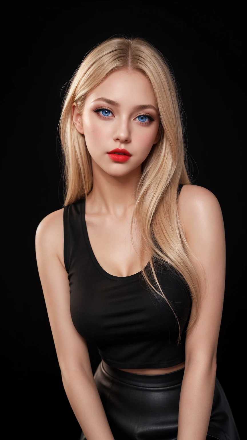 1 girl, black background, black shirt, wearing pantyhose, micro skirt, blonde hair, blue eyes, breasts, closed mouth, eyelashes, lips, long hair, looking at viewer, make-up, nose, realistic, red lips, shirt, background simple,solo,tank top,top body,